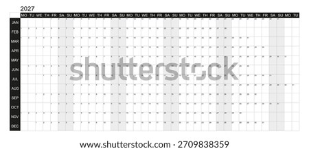 2027 Horizontal black and white big wall planner. Vector design.