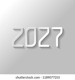 2027 number icon. Happy New Year. Paper style with shadow on gray background