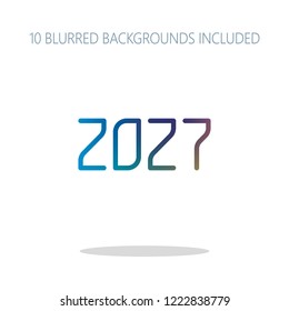 2027 number icon. Happy New Year. Colorful logo concept with simple shadow on white. 10 different blurred backgrounds included