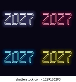 2027 number icon. Happy New Year. Set of neon sign. Casino style on dark background. 