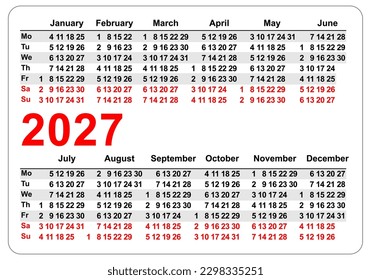 2027 simple horizontal pocket calendar grid template isolated on white vector. Page blank illustration