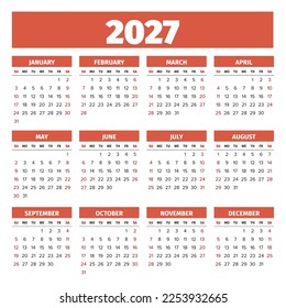 2027 Simple vector calendar template. Weeks start on Sunday