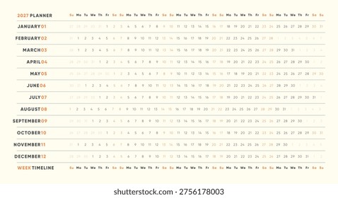2027 Wall Planner Vector Template. Simple Planner 2027 with days and months for habit and task tracking. Horizontal Timeline Planner Printable A3 Vector.