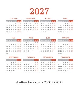 2027 year Calendar with weeks start on Monday