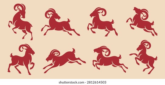 2027 Year of the Goat Collection of Red Chinese Zodiac Goat Silhouettes in Various Dynamic Running and Jumping Poses. Traditional Lunar New Year Vector Set Isolated on Light Background