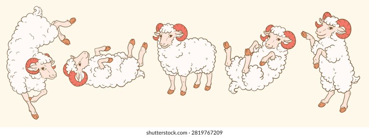 2027 Year of the Goat Cute Ram Cartoon Character Pose Collection, Funny Sheep Mascot Standing, Jumping, Rolling and Dancing, Chinese Zodiac Lunar New Year Animal Vector Illustration Set
