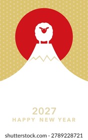 2027, The Year Of The Sheep, New Year Greeting Card Vector Template With Snow-Covered Mt. Fuji And The Rising Sun On A Japanese Vintage Patterns. 