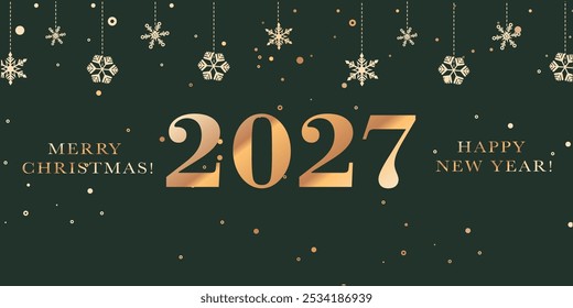 2027 Year. Trendy 3D Sale for Merry Christmas and Happy New Year. Abstract Art Design for Party, Festival, Email, Social Media. Background Red, Gold for Advertising, Web, Poster, Banner, Cover.