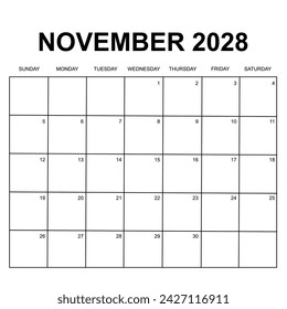 2028 calendar design. Week starts on Sunday. Printable, simple, and clean vector calendar design. can use for stationery and other. svg