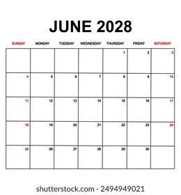 2028 Calendar with holydays or red dates. monthly calendar design with week starts on sunday. printable, simple, and clean vector design isolated on white background.