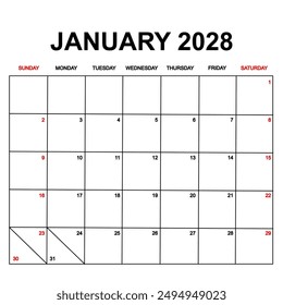 2028 Calendar with holydays or red dates. monthly calendar design with week starts on sunday. printable, simple, and clean vector design isolated on white background.