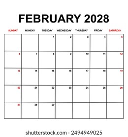 2028 Calendar with holydays or red dates. monthly calendar design with week starts on sunday. printable, simple, and clean vector design isolated on white background.