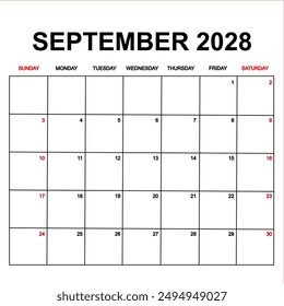 2028 Calendar with holydays or red dates. monthly calendar design with week starts on sunday. printable, simple, and clean vector design isolated on white background.