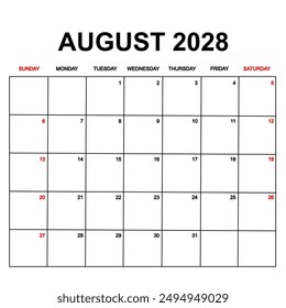 2028 Calendar with holydays or red dates. monthly calendar design with week starts on sunday. printable, simple, and clean vector design isolated on white background.