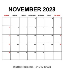 2028 Calendar with holydays or red dates. monthly calendar design with week starts on sunday. printable, simple, and clean vector design isolated on white background.