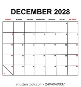 2028 Calendar with holydays or red dates. monthly calendar design with week starts on sunday. printable, simple, and clean vector design isolated on white background.