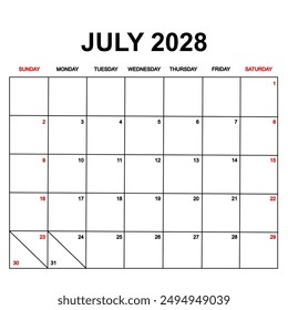 2028 Calendar with holydays or red dates. monthly calendar design with week starts on sunday. printable, simple, and clean vector design isolated on white background.