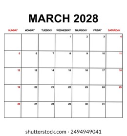 2028 Calendar with holydays or red dates. monthly calendar design with week starts on sunday. printable, simple, and clean vector design isolated on white background.