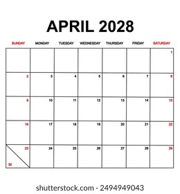 2028 Calendar with holydays or red dates. monthly calendar design with week starts on sunday. printable, simple, and clean vector design isolated on white background.