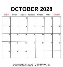 2028 Calendar with holydays or red dates. monthly calendar design with week starts on sunday. printable, simple, and clean vector design isolated on white background.