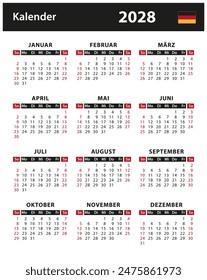 2028 Calendar - Vektorgrafik Stockillustrationen. Deutschland, deutsche Fassung | Kalender 2028 - Vektorgrafik. Deutschland, deutsche Version