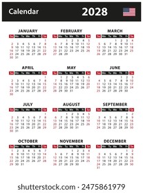 2028 Calendar - vector stock illustration. English American version