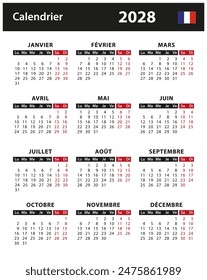 2028 Calendar - vector stock illustration. France, French version | Calendrier 2028 - illustration vectorielle stock. France, version française