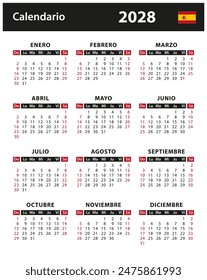 2028 Calendar - Vektorgrafik Stockillustrationen. Spanien, spanische Fassung | Calendario 2028 - ilustración vectorial de stock. España, version en español