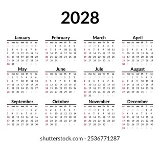 2028 calendar. Week starts on Sunday. Simple calendar layout. Yearly diary. Minimal stationery template with 12 months, in English. Pocket or wall formats