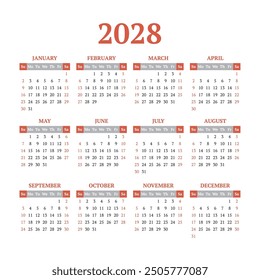Kalender 2028 mit Wochen beginnt am Sonntag