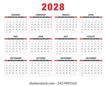 2028 Calendar year vector illustration. week starts on Sunday, Simple planner design template, desk calendar 2028 year, wall calendar 2028 template, print media, advertisement svg