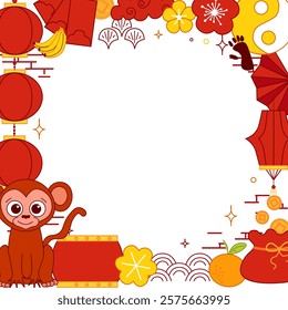 2028 Chinese new year  Year of Monkey  square frame. Vector graphic line illustration template

