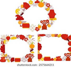 2028 CNY Monkey zodiac theme oval frames set Plantillas, diseños que incluyen Anuncio de Web y publicaciones en redes sociales. Estilo de arte lindo y audaz. Línea gráfica de Vector