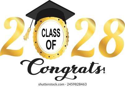 2028 Graduation Greeting Card Vector Design.gold and black colors isolated on white background. 