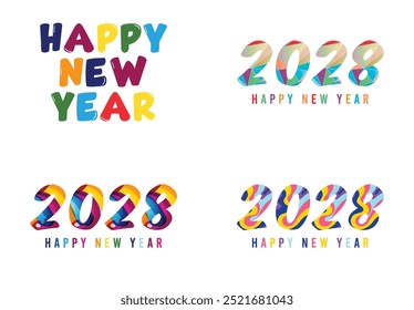 2028 Año Nuevo Línea continua de fecha de calendario dibujado a mano. Conjunto de 4 ideas de saludo
