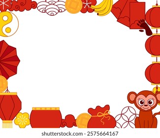 2028 New year of monkey. Chinese traditional elements for lunar lantern festival with cute monkey character vector graphic line rectangle frame template illustration. 
