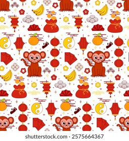 2028 Year of the Monkey New Year's seamless pattern. vector graphic line
