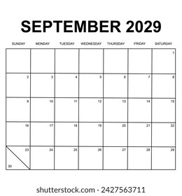 2029 calendar vector design. Week starts on Sunday. Printable, simple, and clean calendar design. Can use for stationery and other.