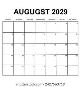 2029 calendar vector design. Week starts on Sunday. Printable, simple, and clean calendar design. Can use for stationery and other.