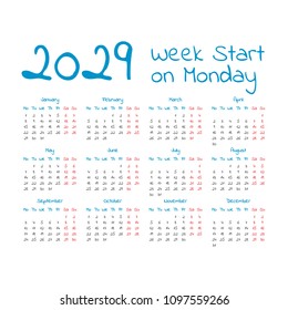 2029 calendar. Week start on monday