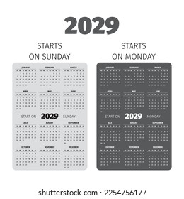 2029 pocket calendar. Start on Sunday and Monday
