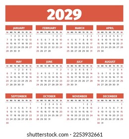 2029 Simple vector calendar template. Weeks start on Sunday