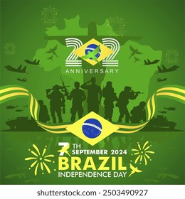 202nd Anniversary of Brazil Independence Day 7 September 2024 greeting design with military power illustration and 202 logo. Dia Da Independencia Do Brasil 2024 or Brazil Independence Day 2024.