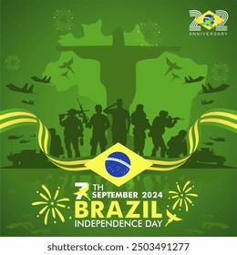 202nd Anniversary of Brazil Independence Day 7 September 2024 Background with Military Power Illustration and 202 Logo. Dia Da Independencia Do Brasil 2024 or Brazil Independence Day 2024.