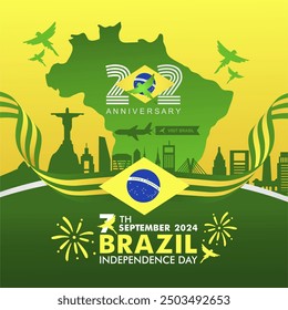 202nd anniversary of brazil independence day 7 september 2024 vector illustration with 202 logo and famous landmarks. Dia da independencia do Brasil 2024 greeting, banner, background, poster, template