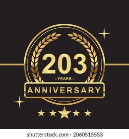 203 years anniversary golden color with circle ring and stars isolated on black background for anniversary celebration event luxury gold premium vector