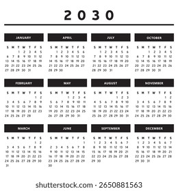 2030 Calendar with Boxes in Black and White Colors 4 Columns - English