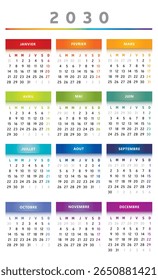 2030 Calendar with Boxes in Rainbow Colors 3 Columns - French