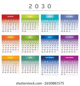 2030 Calendar with Boxes in Rainbow Colors 4 Columns - French