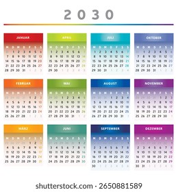 2030 Calendar with Boxes in Rainbow Colors 4 Columns - German